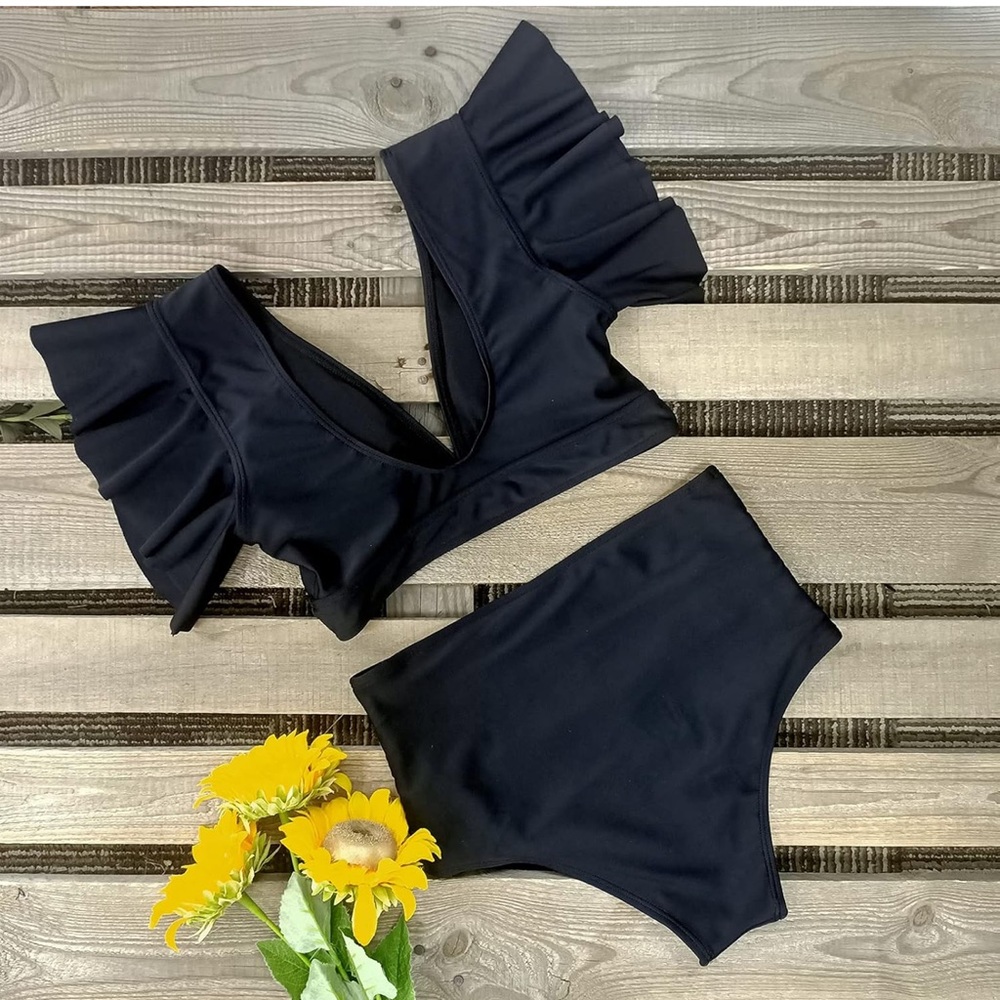 Black Ruffle Sleeve High-Waist Bikini Set